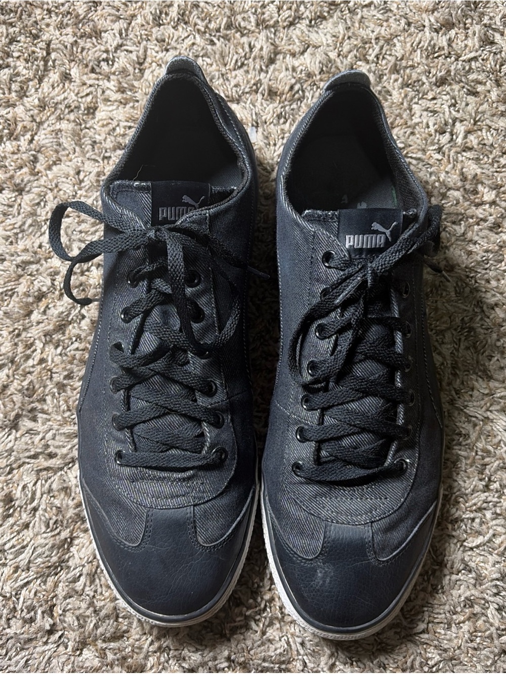 PUMA Black Denim Canvas Low Top Sneakers Leather Toe Lace Up Casual Shoes 14
